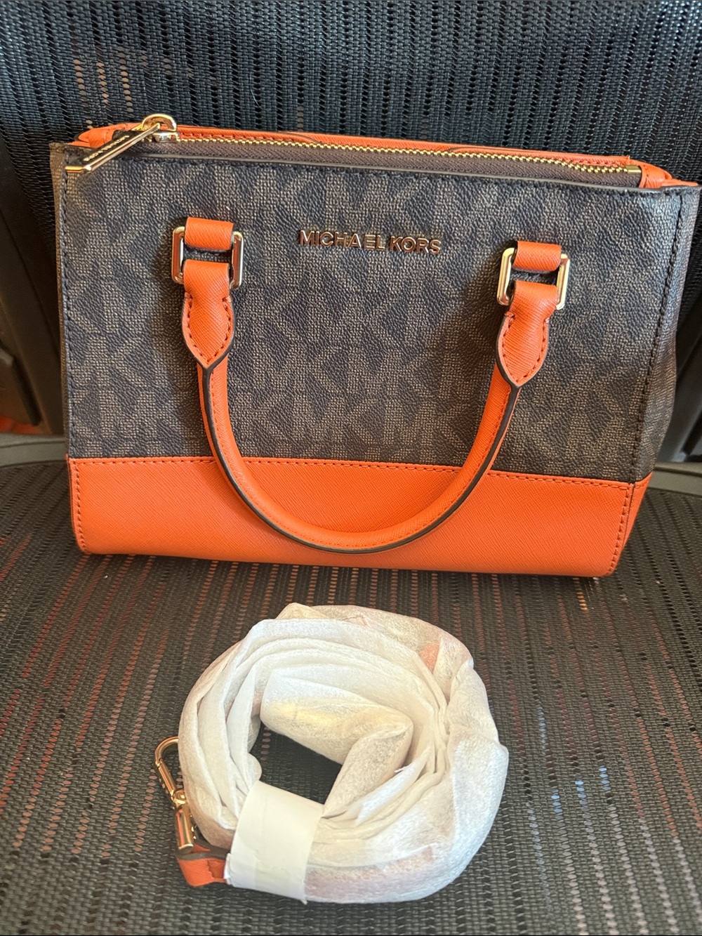 Michael Kors Hope Medium Satchel Messenger – Signature MK & Orange Trim